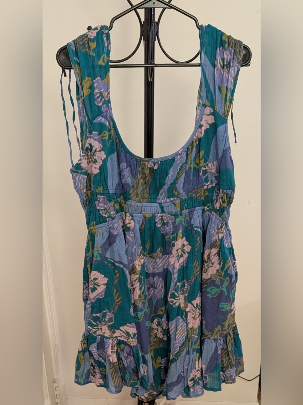 Free People Teal Blue Floral Mini Dress Size XL